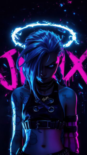 Jinx (Arcane), Neon art, Dark background, 5K, League of Legends