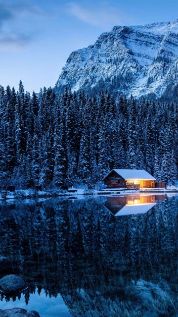 Lake Louise, Winter forest, Cold, Reflections, Pine trees, Frozen, Snow covered, Banff National Park, Canada, Wilderness, 5K