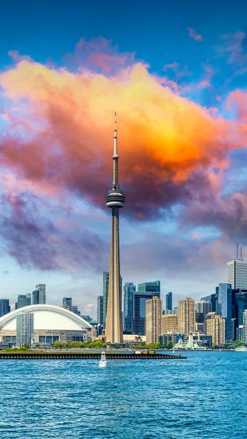 Toronto, Cityscape, Panorama, CN Tower, Canada, Toronto Skyline, Cloudy Sky, Rogers Centre, Lake Ontario