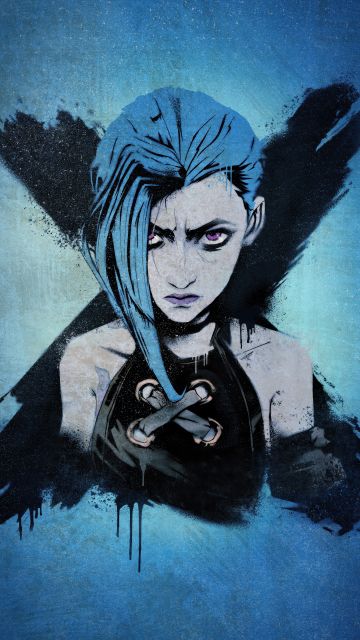 Jinx, Blue aesthetic, Graffiti, Artwork, Arcane: League of Legends, 5K, Blue background