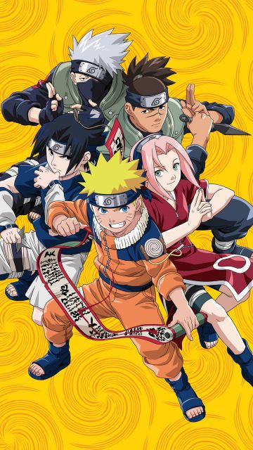 Naruto Team 7, Yellow background, Kakashi Hatake, Sasuke Uchiha, Sakura Haruno, Naruto Uzumaki