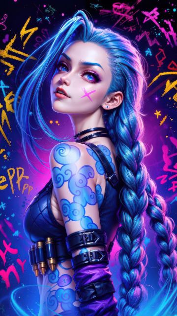 Jinx, Colorful art, Arcane: League of Legends, AI art, Dark background, Neon art, 5K