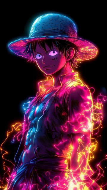 Monkey D. Luffy, Neon art, 5K, 8K, Black background, One Piece