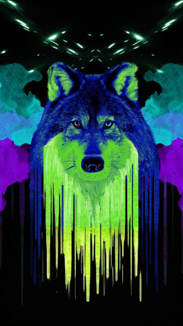 Wolf, Artwork, Neon, Black background, Watercolors, Painting