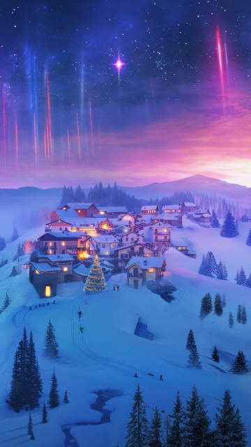 Snowy village, Winter, Aurora sky, Night sky, Christmas Eve, Magical, Cliff, Father - Son, Holidays, Northern Lights, 5K, Snow covered