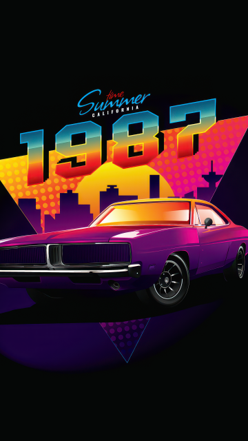 Dodge Charger, California, Summer, AMOLED, 5K, Purple, Black background, Vintage car, Synthwave