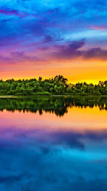 Evening sky, Multicolor, Colorful, Lake reflection, Sunset, Water, Bright, Landscape, 5K, 8K