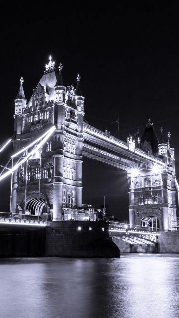 Tower Bridge, London, River Thames, Monochrome, Dark background, Lights, Cityscape, Night, Moon, England, Black and White