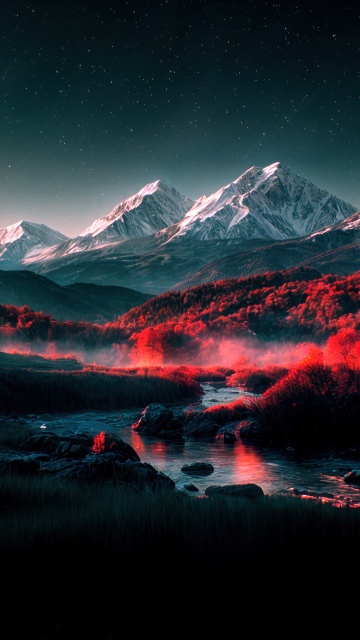 Dramatic, Scenery, Landscape, Scenery, Mountains, Forest, River, Night, Starry sky, Trees, Fog, Red aesthetic