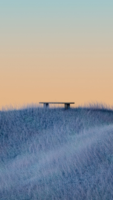 Minimalist, Landscape, Grass field, Bench, Serene, Dawn, Orange sky