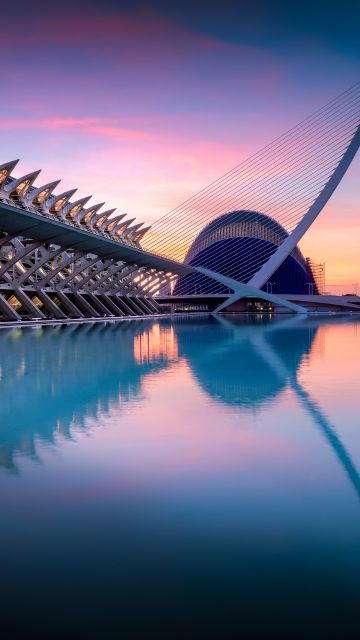 City of Arts and Sciences, Spain, Valencia, Sunrise, Pool, Reflection, Modern architecture, 5K