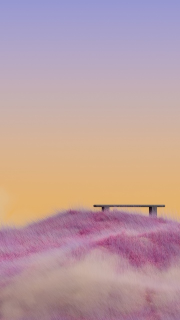 Pink grass, Landscape, Sunset, Yellow sky, Bench, Tranquility, Minimalist, Horizon, Calm