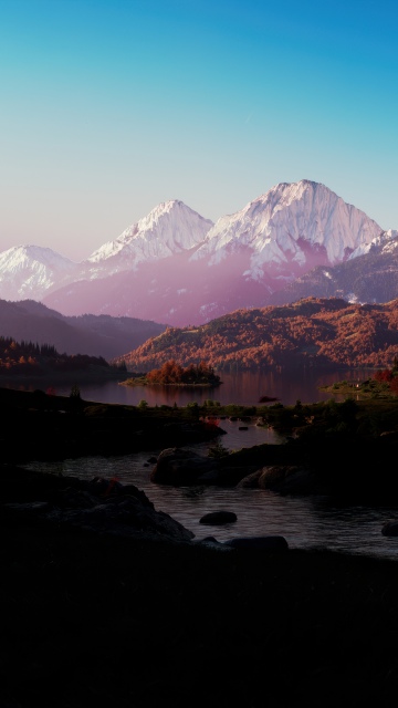 Mountain range, Landscape, Scenery, Majestic, Lake, Trees, Forest, Outdoor, Scenic, Peaceful, Serenity, Snowcapped mountains, Autumn foliage