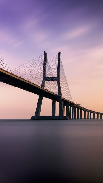 Vasco da Gama Bridge, Lisbon, Portugal, Tagus River, Sunrise, Water, Dawn, Modern architecture, 5K