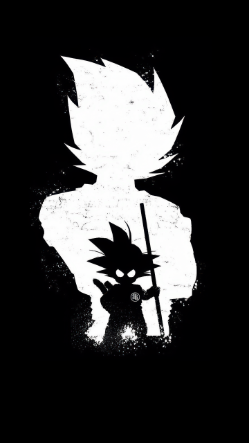 Goku, Black and White, Silhouette, AMOLED, Minimalist, 5K, Black background