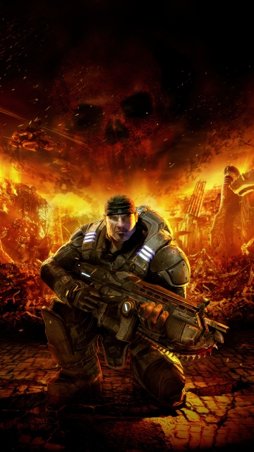 Gears of War, Game Art, Marcus Fenix, 5K, Dark background, Fire effect