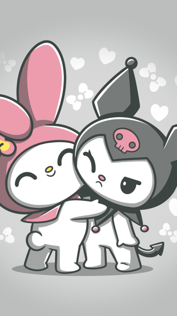 My Melody and Kuromi, Hug, Kawaii cartoon, Friends, Friendship, My Melody, Kuromi, 5K, 8K, Grey background, Sanrio