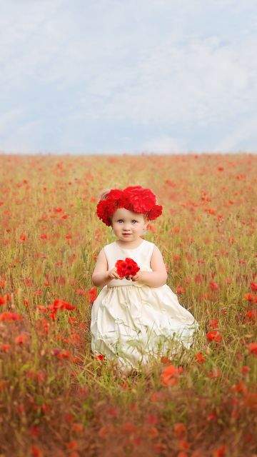 Cute Girl, Red flowers, Garden, White Dress, Cute eyes, 5K