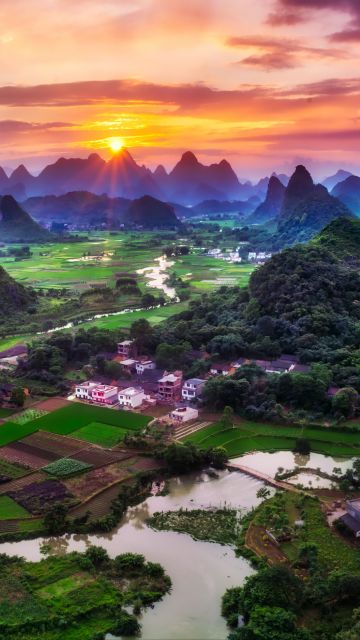 Guilin City, China, Sunset, Beautiful, Green Fields, Village, River, Mountains, Clouds, 5K, 8K