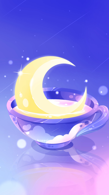 Dreamy, Crescent Moon, Aesthetic, Tea cups, Glowing, Celestial, Magical, Blue and Purple, Sparkling, 5K, Blue gradient, Gradient background