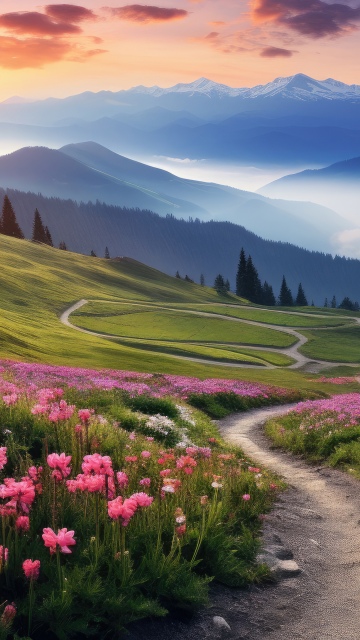 Mountain Landscape, Meadow, Wildflowers, AI art, Scenic, Pathway, Sunset, Rolling hills, Misty mountains, Vibrant, Peaceful, Valley, Outdoor, 5K