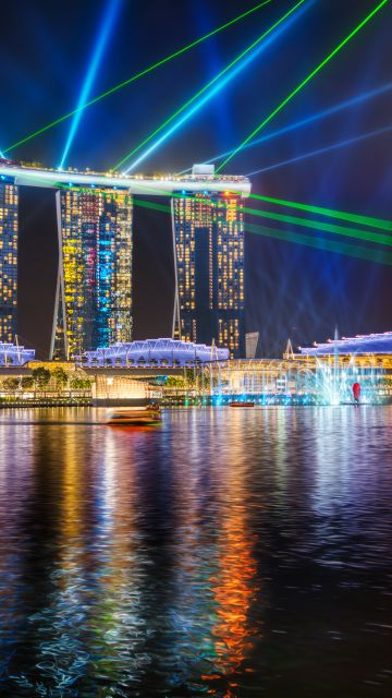 Marina Bay Sands, Light show, Singapore, Laser Lights, Colorful, River, Reflections, Cityscape, Night, 5K, 8K