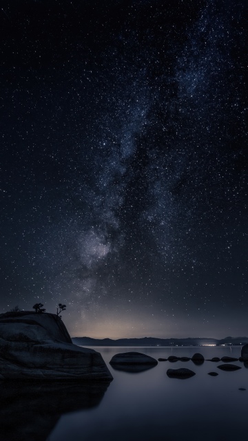 Bonsai Rock, Milky Way, Night, Lake Tahoe, Astrophotography, Night sky, Starry sky, Long exposure, Reflections, Galaxy, Dark Sky, Rock formations, Cosmos, Nightscape, 5K, Nevada