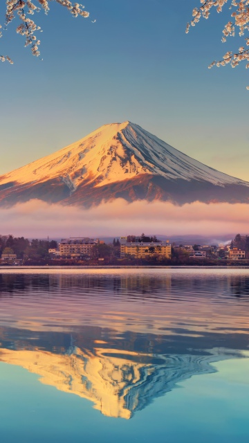 Lake Kawaguchi, Mount Fuji, Cherry blossom, Aesthetic, Sakura, 5K, Japan, Sunrise, Reflection, Serene, Spring, Snow covered, Pastel, Tourist attraction, Iconic