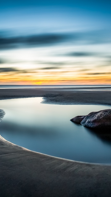 Tide pool, Beach, Sunset, Seascape, Long exposure, Reflection, Clouds, Coastal, Tranquility, Serene, Landscape, Ocean, Horizon, Golden hour, 5K, Smooth