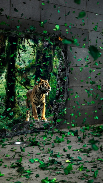 Tiger, Mystical Forest, Jungle, Surreal, Wildlife, Green leaves, Concrete, Portal, Dreamlike