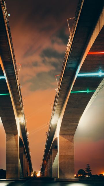Two Bridges, Low Angle Photography, Structure, Lights, Dusk, Clouds, Sky view