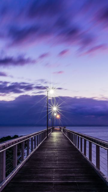 Seashore, Wooden pier, Bridge, Sunset, Purple, Dawn, Seascape, Holidays, Sky view, Horizon, Clouds, 5K