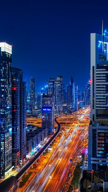 Dubai, Sheikh Zayed Road, Skyscrapers, City lights, Urban, Nightscape, Night City, Modern architecture, Downtown Dubai, High rise building, Dubai City Skyline, 5K, Long exposure, Night illumination, Night time