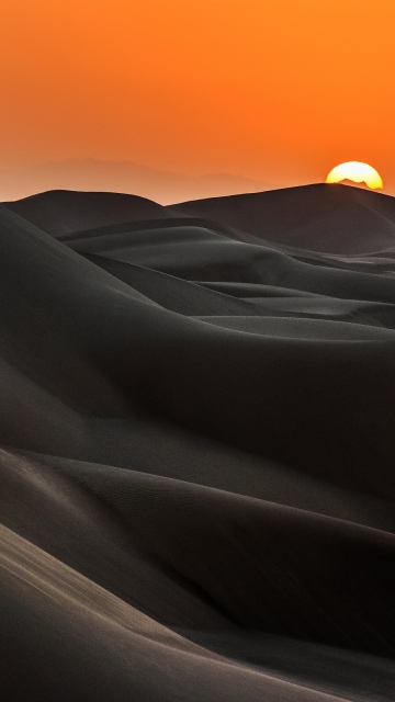 Sunrise, Desert, Sand Dunes, Golden hour, Orange sky, Serene, Warm, Wilderness, Horizon, 5K