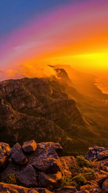 Table Mountain, Sunset, Cape Town, Golden hour, Scenic Spot, Cliff, Horizon, Dramatic, South Africa, 5K, Aerial Photography, Aerial view