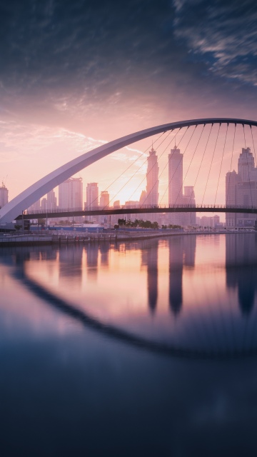 Tolerance Bridge, Dubai, Modern architecture, Dubai City Skyline, United Arab Emirates, Urban, Sunset, Cityscape, Waterfront, Symmetry, Iconic, Skyscrapers, 5K