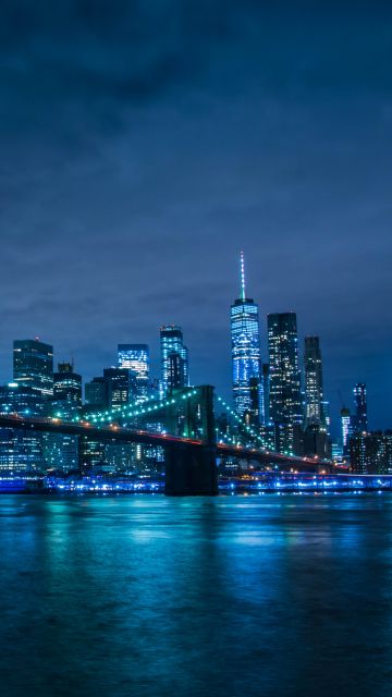 Brooklyn Bridge, Manhattan Skyline, Waterfront, New York, Cityscape, Blue, Night life, Body of Water, Clear sky, Modern architecture, 5K