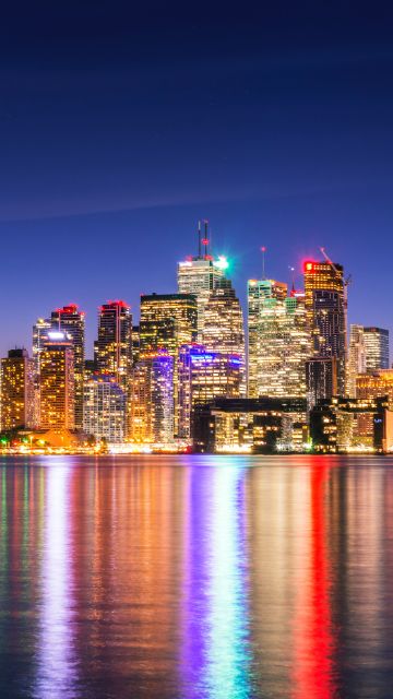Toronto Skyline, Skyscrapers, Canada, Cityscape, Night lights, Waterfront, Dusk, Reflections, Modern architecture, Clear sky, Multicolor, 5K