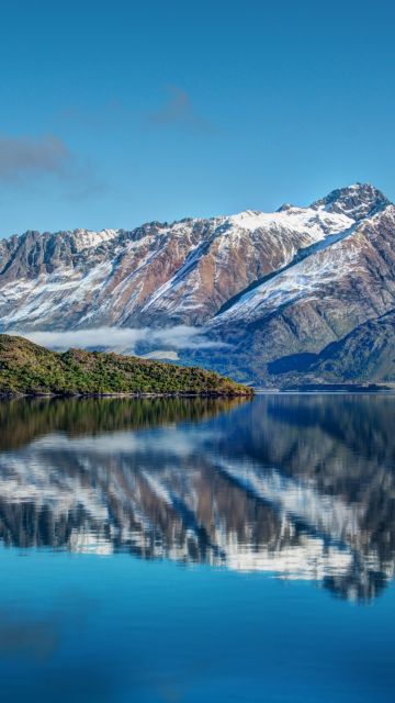 Snow mountains, Lake, Reflection, Water, Blue Sky, Landscape, Clouds