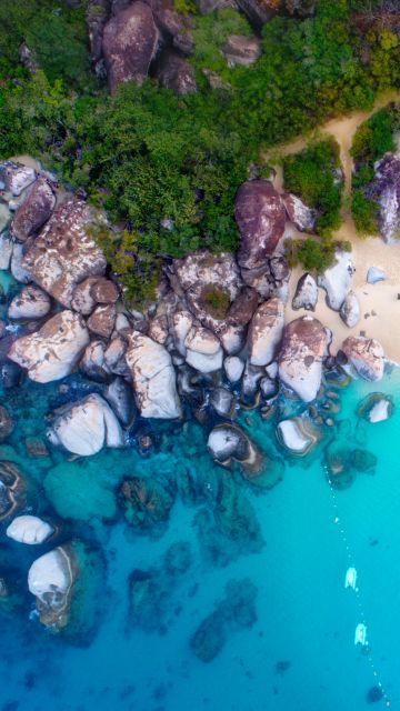 Sea shore, Rocks, Blue Ocean, Aerial view, Sand, Green, Trees