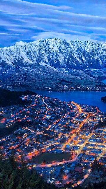 Queenstown, New Zealand, Lake Wakatipu, Snow mountains, Cityscape, Night lights, Blue Sky, Clouds, 5K