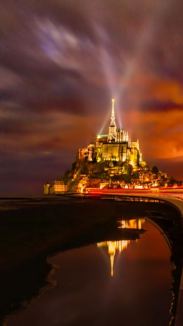 Mont Saint-Michel, France, Cathedral, Monastery, Church, Night time, Light Streaks, Island, Orange, Red, 5K
