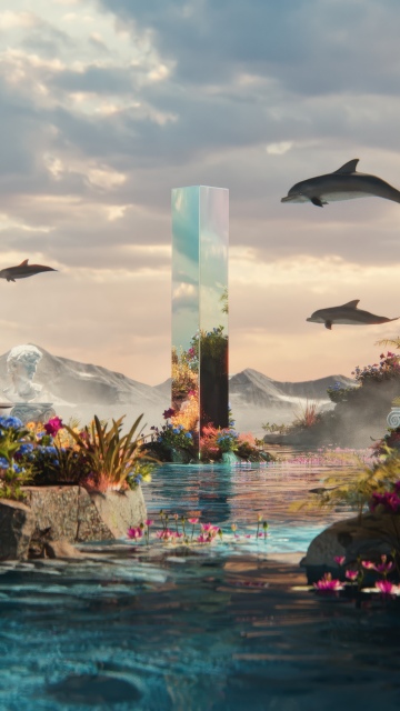 Surreal, Paradise, Dolphins, Mystical, Monolith, Ancient, Dreamlike, Scenic, Ethereal, Magical, Floral, 5K, Reflections