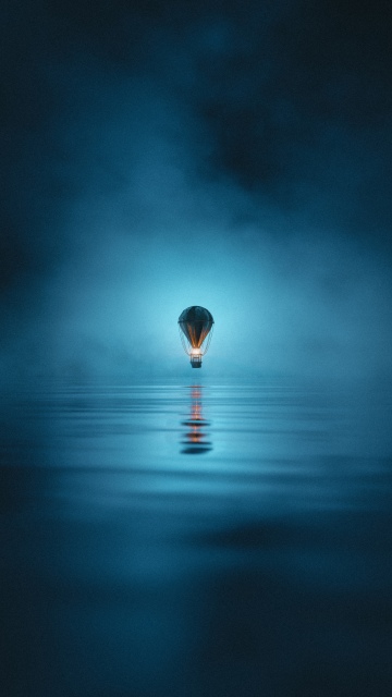 Hot air balloon, Foggy night, Misty, Reflections, Serene, Aesthetic, Minimalist, Atmospheric, 5K