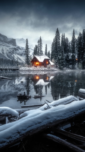 Cozy, Winterscape, Cabin, Snowy Trees, Winter forest, Winter snow, Frozen lake, Serene, Wilderness, Isolated, Snow mountains, 5K