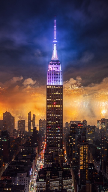 Empire State Building, Fireworks, New York City, Night City, Skyscrapers, Metropolitan, Iconic, Cityscape, City lights, 5K, 8K