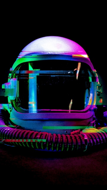 Astronaut helmet, Glitch art, Cyberpunk, Distortion, Futuristic, Holographic, Dark aesthetic, Dark background, 5K, 8K