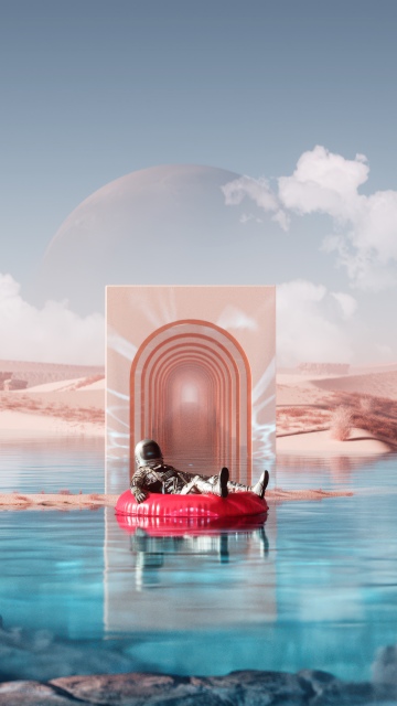 Astronaut, Vacation, Desert, Landscape, Dreamlike, Futuristic, Cosmic, Portal, Ethereal, Exploration, Celestial, Surrealism, Tranquil, Dystopian, Digital Art, 5K, Aesthetic