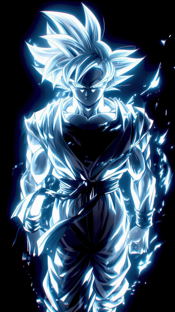 Goku Ultra Instinct, Neon art, AMOLED, Black background, 5K, Neon glow, Super Saiyan Goku