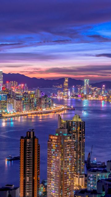 City Skyline, Night life, Cityscape, Hong Kong, Skyscrapers, Purple sky, River, Sunset, Night lights, 5K